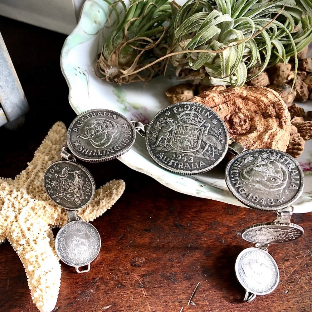 Vintage Silver Coin Bracelet Historic Jewelry WW2 Era Australian Coins Statement
